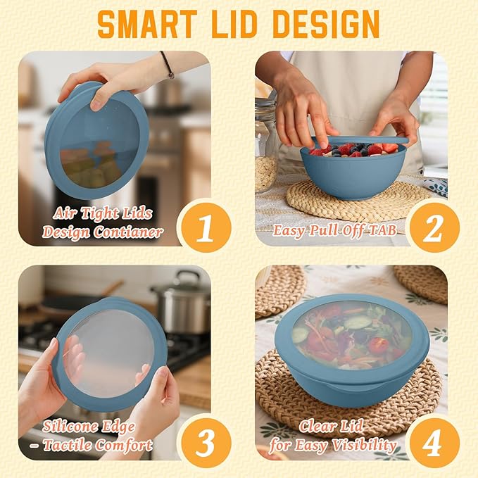 Homienly Bowls for Kitchen, Wheat Straw Bowls with Lids, Salad Container for Lunch, Unbreakable Microwave and Dishwasher Safe 40 OZ Large Bowl for Soup, Cereal, Ramen, RV, Camping, College Dorm, Blue