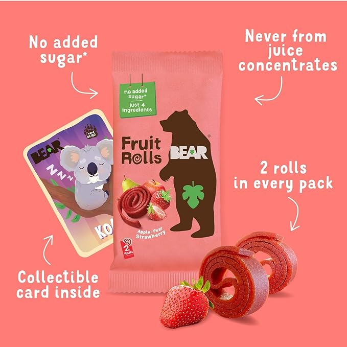 BEAR Real Fruit Snack Rolls - Gluten Free, Vegan, and Non-GMO - Strawberry – 36 Rolls, Healthy School And Lunch Snacks For Kids And Adults, 0.7 Ounce (Pack of 18)