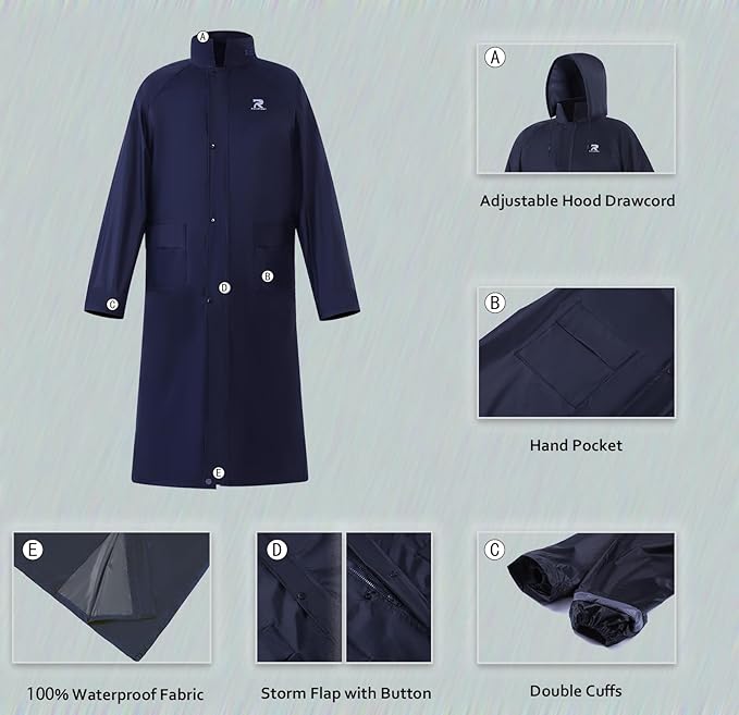 RainRider Raincoat for Men Waterproof Long Rain Jacket with Stowable Hood Lightweight Rain Gear Poncho for Unisex