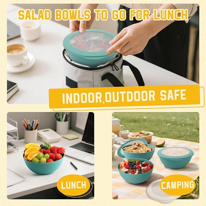 Homienly Bowls with Lids, Wheat Straw Bowl Set of 4-40 OZ Cereal Bowls and Silicone Edge Lids,Unbreakable Food Containers for Meal Prep, Salad, Lunch, Kitchen, Camping, Picnic, RV (4 Sets,Green)