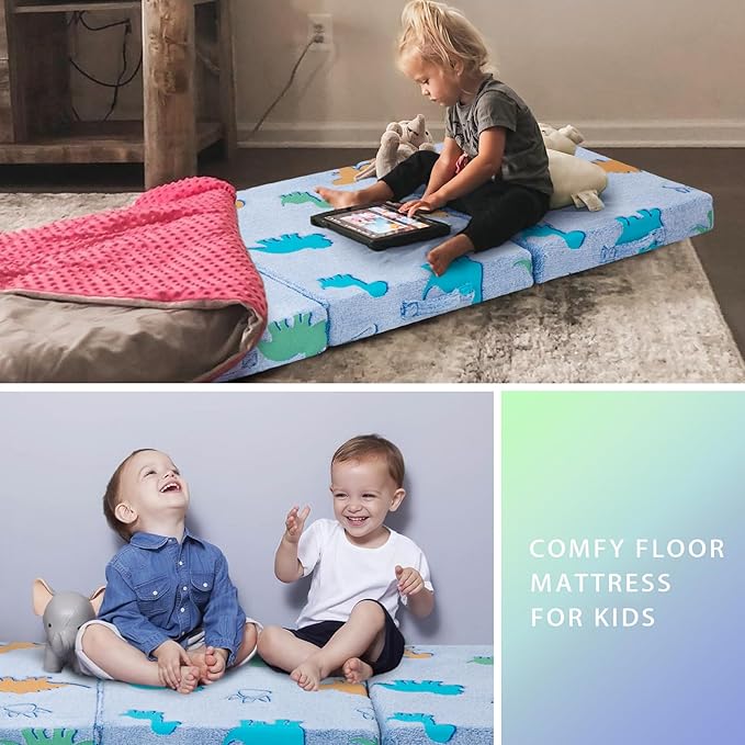 MeMoreCool Foldable Floor Mattress for Kids, Glow Dinosaur Toddlers Trifold Nap Mat, Kids Folding Mattress Portable Sleeping Futon for Daycare or Floor Bed, 57x22 Inch Blue