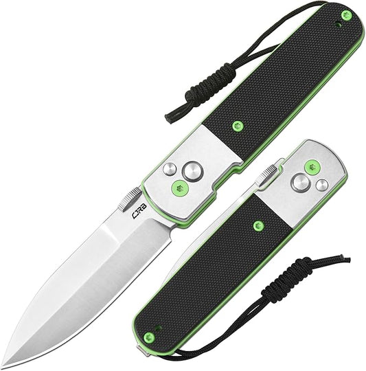 CJRB Locust EDC Knife, 3.15'' AR-RPM9 Steel Blade Folding Knife with Stone Washed Steel&G10 Inlay Handle, Button Lock with Safety Switch for Men Women Camping Hiking(1951-SBK)