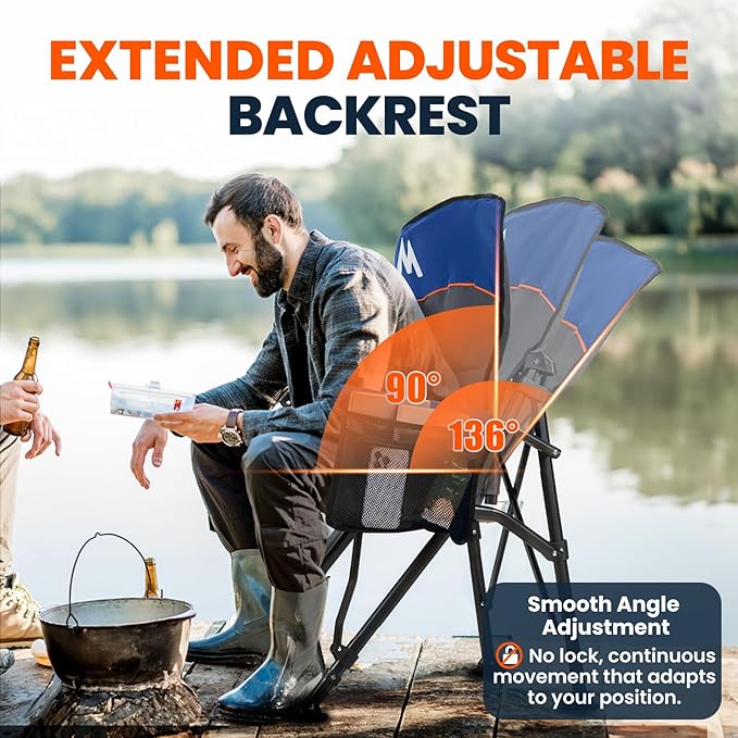 Overmont Back Support Camping Chair for Adults - Oversized with Adjustable High Backrest - Heavy Duty Folding Chair Supports 500 LBS - Cup Holder & Side Pocket – Perfect for Outdoor, Lawn, Beach Blue