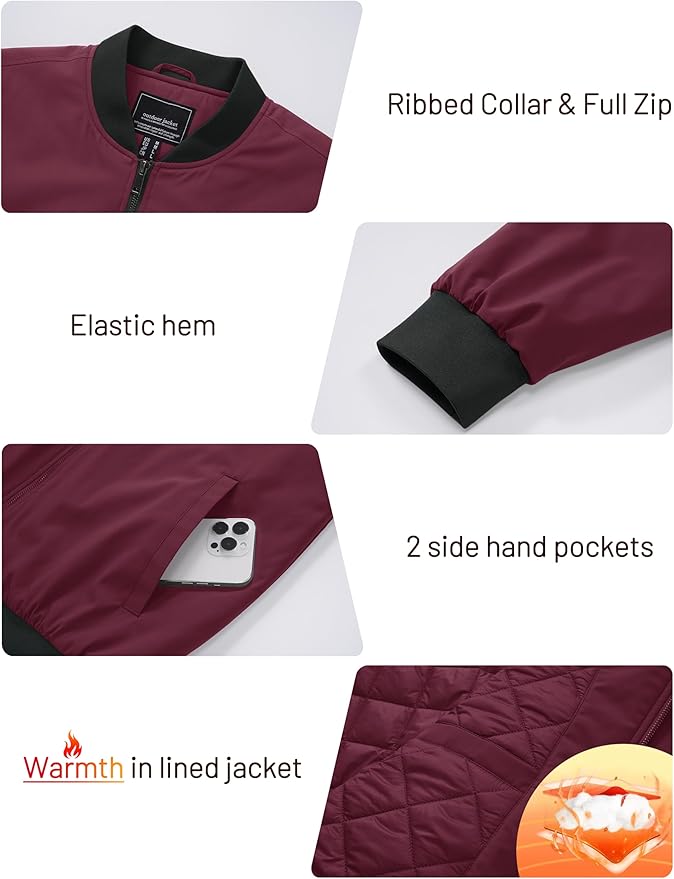 Cotrasen Men's Bomber Jacket Full Zip Windbreaker Warm Winter Windproof Casual Outwear Padded Lined Coats