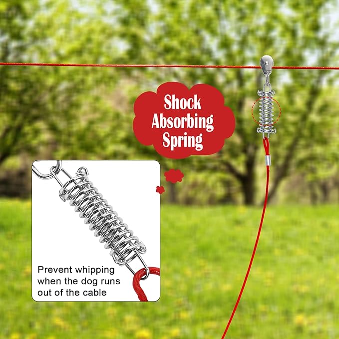 100FT Dog Runner for Yard with 10FT Tie Out Cable - Heavy Duty Trolley System for Large Dogs Up to 250LBS, Backyard/Park/Camping Use (Red, 100FT+10FT)