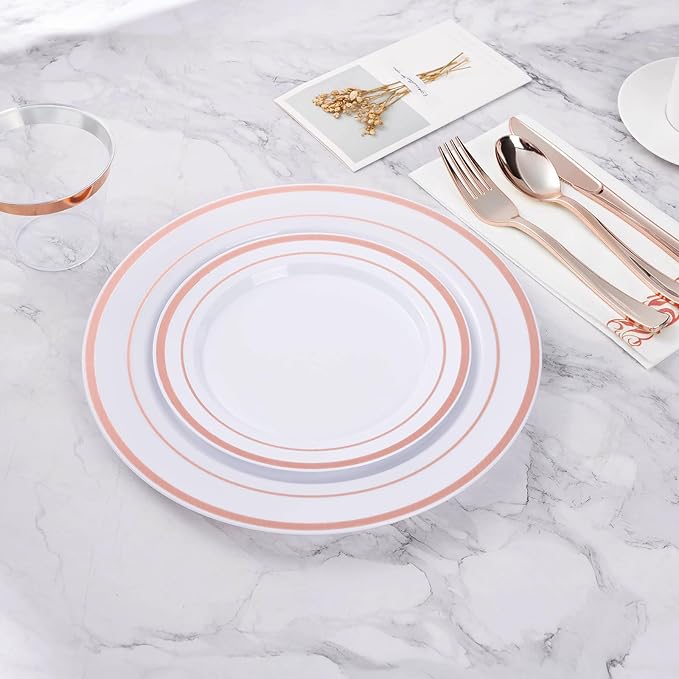 200PCS Rose Gold Plastic Plate, Disposable Party Plates with 100 Dinner Plates and 100 Dessert Plates, Plastic Plates for Party, Wedding and Birthday