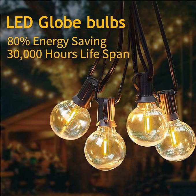 Abeja Outdoor String Lights, 25Ft G40 Globe LED Patio Lights with 27 Edison Plastic Bulbs(2 Spare), Hanging Patio String Lights for Backyard Porch Balcony Party Decor, E12 Socket Base, Black