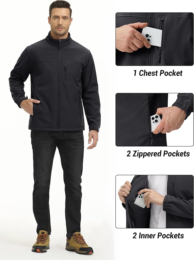 TACVASEN Men's Lightweight Softshell Jacket Fleece Lined Waterproof Tactical Rain Zip Up Winter Coat Windbreaker Casual