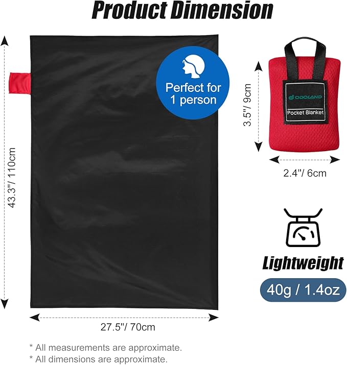 Odoland Beach Picnic Blanket, 43.3" x 27.5" SandProof Waterproof Outdoor Pocket Blanket with Portable Bag, Foldable Lightweight Sand Free Beach Mat for 1 People Hiking, Camping, Travel, Black
