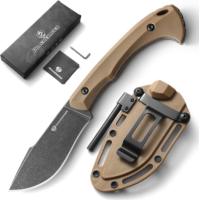 Survival Knife with Fire Starter L-Y, 7.68" Full Tang Small Fixed Blade Knife with Belt Clip, Khaki + Stonewashed Black