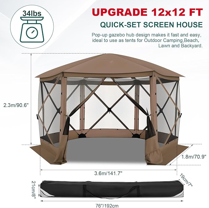 COBlZl Pop Up Gazebo 12x12 Screen House Tent for Camping, Outdoor Instant Stargazing Gazebo Canopy with Awning 2.0, Portable Hub Tent with Mosquito Netting, Pavilion for Backyard,Brown