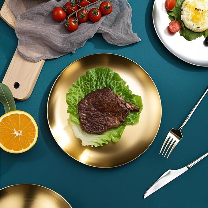 18/8 Stainless Steel Dinner Plate for Main Dishes, Grilled Meat, Dessert, Salad, and Fruit - 9 Inches (23 cm) Large Capacity(Gold-8PC)