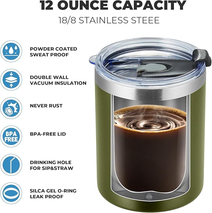 MEWAY 12oz/8Pack Coffee Mug With Lid, Insulated Stainless Steel Reusable Coffee Cup, Double Wall Durable Coffee Mug, Powder Coate,For Coffee, Beer, Home, Office(Army Green,8 Pack)