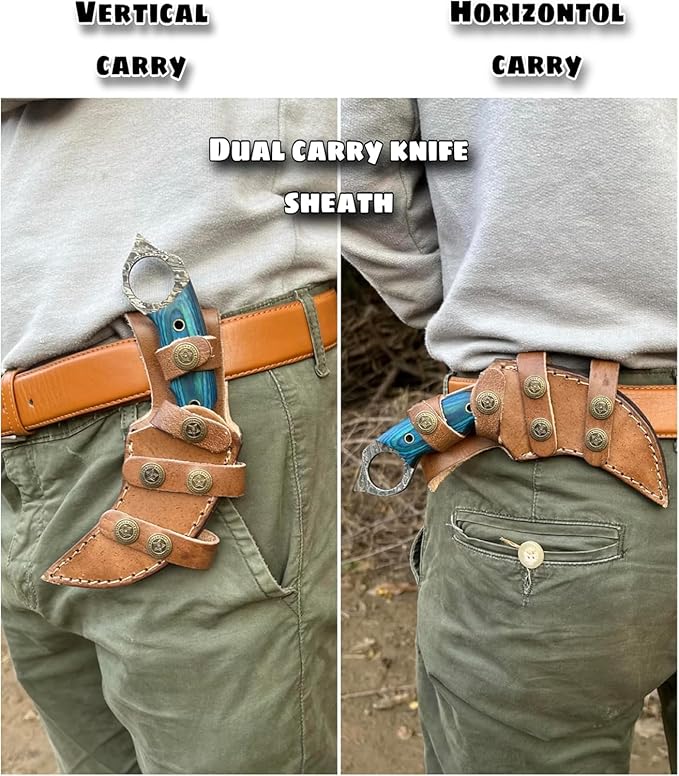 Handmade Damascus Steel Hunting Knife with Sheath | 7.5'’ EDC Fixed Blade Knives For Men and Women Demasticus Camping Survival Belt Knifes For Horizontal Carry with Blue Wood