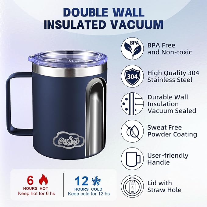 12oz Insulated Coffee Mug with Handle, Stainless Steel Wide Mouth Travel Tumblers with Lid, Double Wall Vacuum Coffee Cup for Camping, Office, Navy Blue 4 Pack