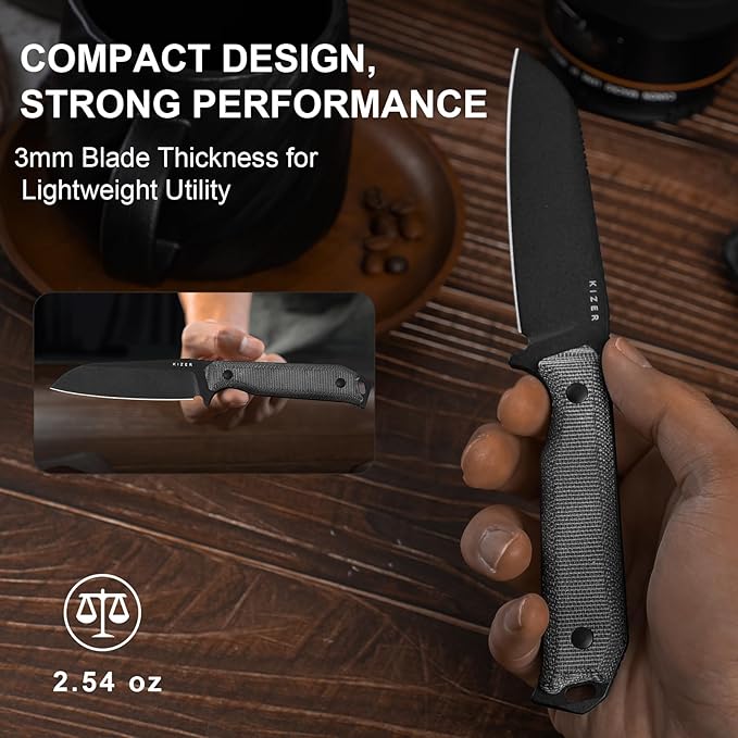 Kizer Begleiter Fix Fixed Blade Knife, 3.75" Sheepsfoot 3V Blade Hunting Knives with Kydex Sheath, Black Micarta Handle EDC Knife for Camping Hunting Survival 1045MS1