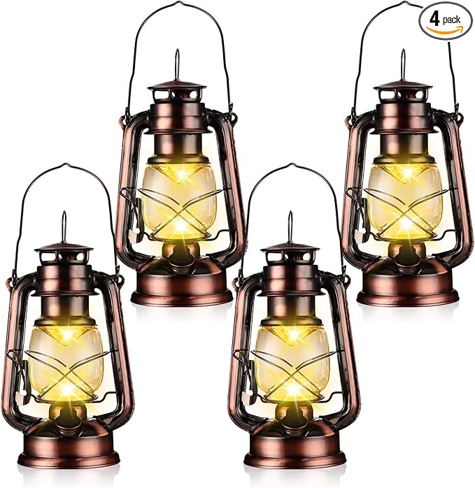 4 Pcs LED Vintage Lanterns Battery Operated Warm White Old Hurricane Lantern Antique Metal Hanging LED Lamp with Dimmer Switch for Indoor Table Outdoor Christmas Halloween(Bronze)