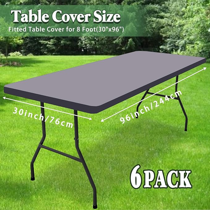 6 Pack Picnic Table Cover Outdoor Elastic Fitted Tablecloths for 8 Foot Rectangle Tables Waterproof Stretch Washable Patio Folding Spandex Table Cloth Camping Banquet Parties (Light Grey,30" x 96")