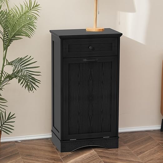 13 Gallons Tilt Out Trash Cabinet Freestanding Kitchen Trash Bin Cabinet Wood Garbage Recycling Cabinet with Hideaway Drawer Pet Proof Trash Can Holder for Kitchen Living Room, Dark Black