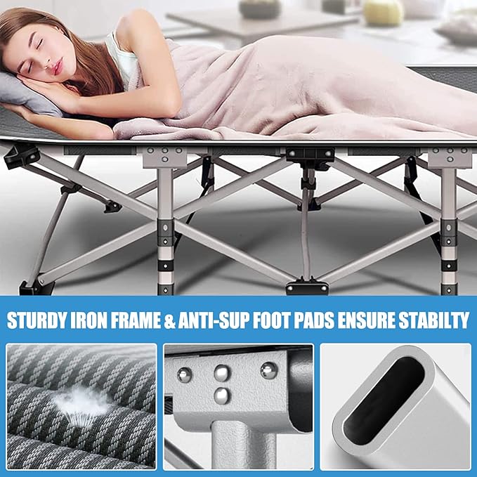 DoCred Oversized XXL Folding Camping Cot with Mattress, Heavy Duty Sleeping Cot Bed Portable Adults Outdoor Bed with Carry Bag, Travel Camp Cots