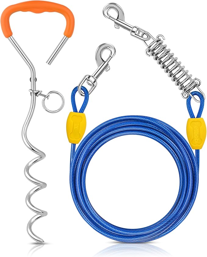 Petbobi Dog Tie-Out Cable and Stake - 10ft Heavy Duty Cable with Spring, No Tangle, 16in Ground Stake, Ideal for Yard, Camping and Beach, Suitable for Small Medium Large Dogs Up to 120 lbs, Blue