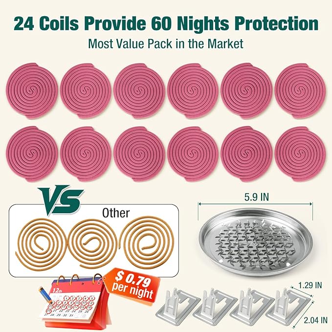 Extra Strong Mosquito Repellent Coils, 24 Pack Large Outdoor Coils, 6-Hour Protection Covers 12ft, Safe & Effective for Yard, Patio, Camping, Garden, Deck & BBQ Areas