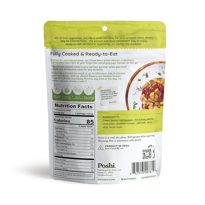 POSHI Mediterranean Three Bean Salad Natural, Keto, Vegan, Non GMO, Low Carb + Calorie, Gluten Free, Ready to Eat, Fully Cooked Vegetables, Pentry Food, Gourmet, Healthy, Travel Food 6 Pack, 4.4 oz