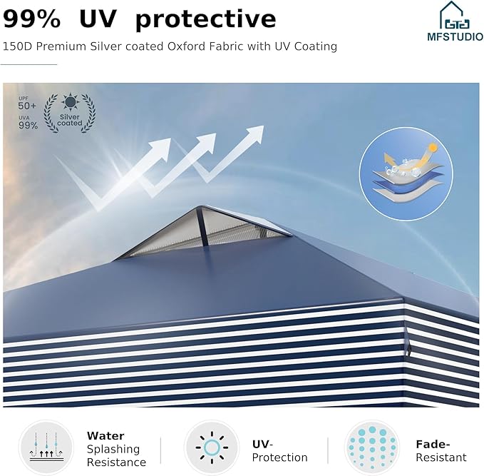 MFSTUDIO 10x10 Pop Up Canopy Tent, Gazebo Shelter Sun Shade Canopies Waterproof Patio Portable Popup Tents for Beach,Parties,Camping,100 Sq,Blue Stripe