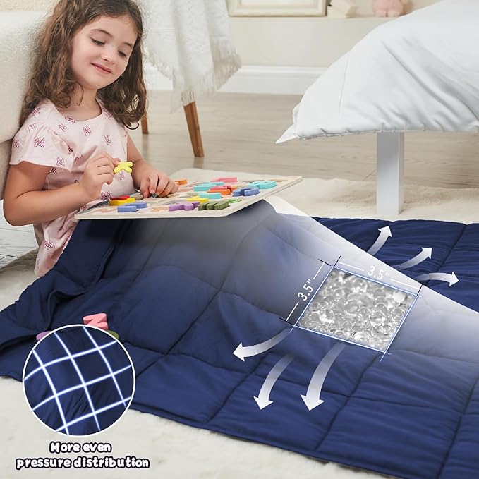 Weighted Blanket Kids (7lbs, 40"x60" Throw Size) - Cooling and Breathable Heavy Blanket for 60-90lbs with Premium Glass Beads - Soft Thick Blankets for All-Season Sleeping Comfort - Navy
