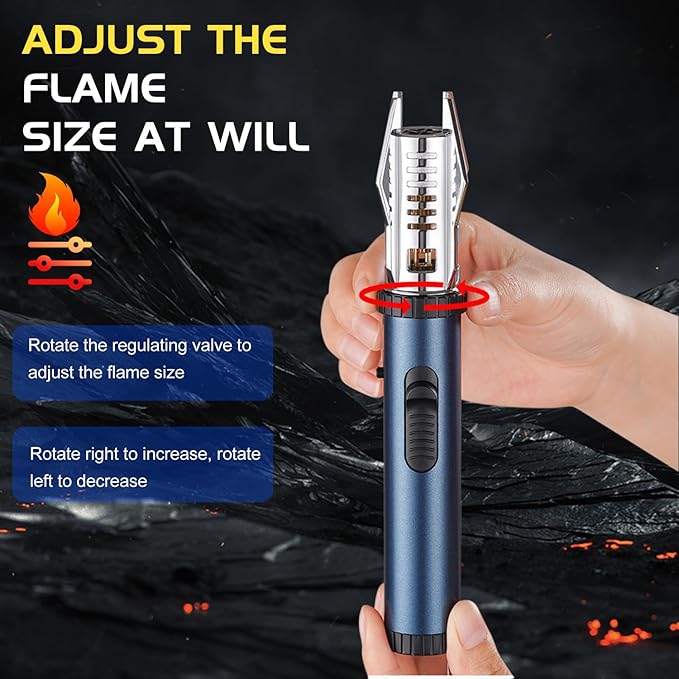 Torch Lighter, Camping Outdoor Windproof Straight Flame Lighter, Refillable Butane Lighter with Safety Lock and Adjustable Flame Size, for Outdoor BBQ Camping Kitchen Cooking (Blue)