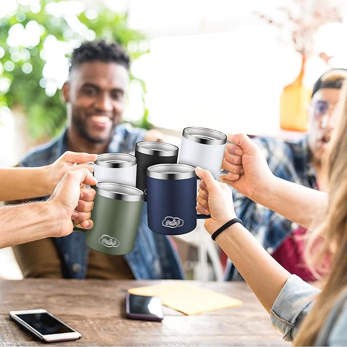 12oz Insulated Coffee Mug with Handle, Stainless Steel Wide Mouth Travel Tumblers with Lid, Double Wall Vacuum Coffee Cup for Camping, Office, White 4 Pack
