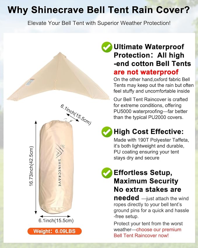 Bell Tent Rain Cover Protector with Stove Jack and Roof Vents for Camping,Waterproof,PU5000,Glamping Bell Tent Rain Fly with Stove Jack,4 Season,(Beige, for 13ft(4m) Size)