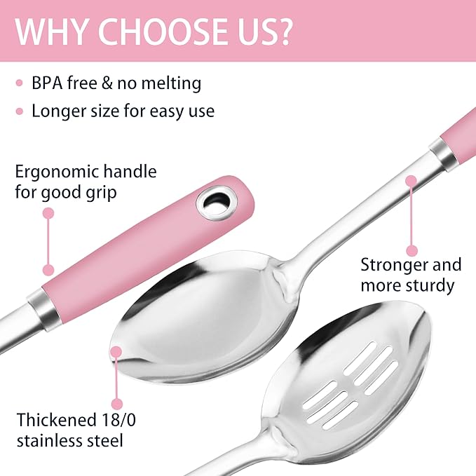 14-in Pink Cooking Spoons Set, Heavy Duty 18/0 Stainless Steel Large Serving Spoons Set, Slotted Spoon, Cooking Spoon & Soup Ladle, Commercial and Residential Use, Pack of 3