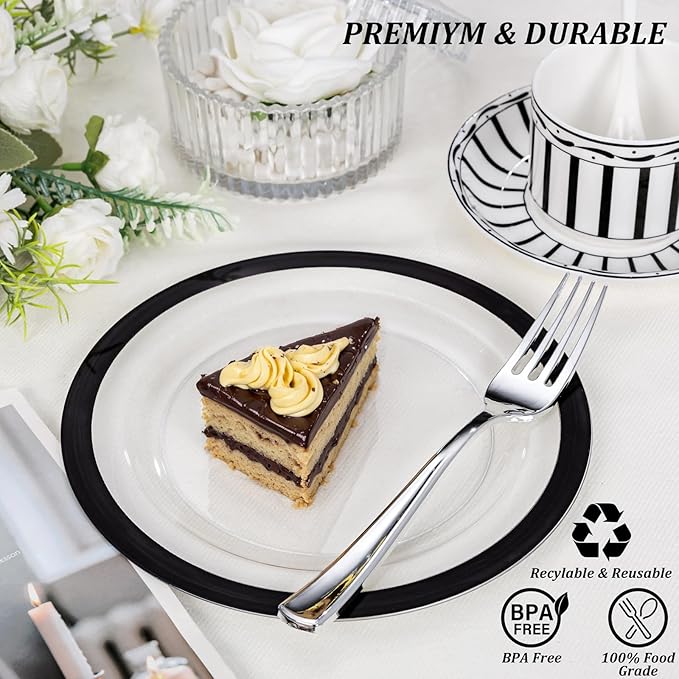 U-QE 120pcs Black Plates Disposable for Party - Clear Plastic Plates Disposable Heavy Duty - Include 60 10" Dinner and 60 7" Dessert Plate, Perfect for Halloween Party & Wedding