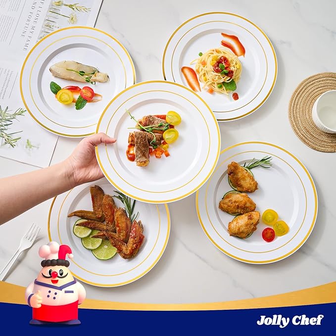 JOLLY CHEF 200 Pieces Gold Plastic Plates, 10 Inch Elegan Disposable Plates White Plate with Gold Rim,Plastic Plates for Dinner、Birthdays and Weddings