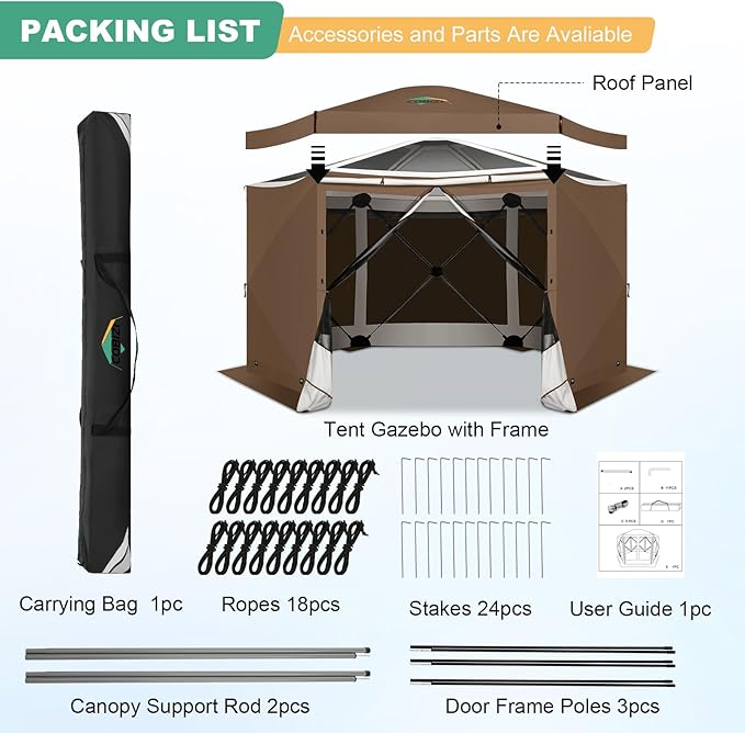 COBIZI 12x12 Pop up Gazebo Screen House Tent for Camping, Outdoor Canopy with Removable Roof&Sidewalls, Portable Hub Tent with Carrying Bag and Ground Stakes, Brown