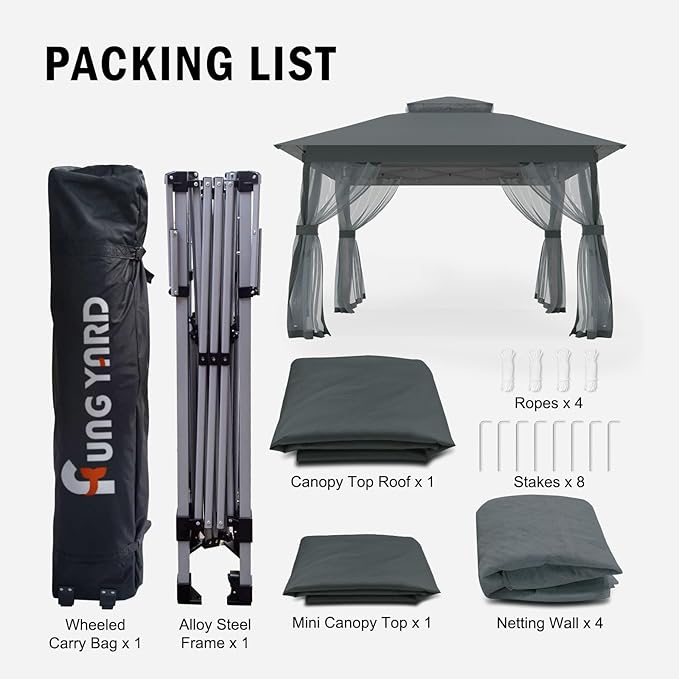 Pop Up Gazebo 11x11 - Outdoor Canopy Tent with Mosquito Netting & Wheeled Carry Bag, Double Roof Gazebos for Backyard Party Garden Wedding Camping (Gray, 11x11)