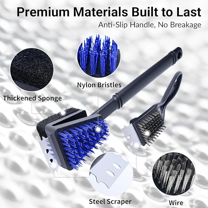Nylon Bristle Grill Brush for BBQ - Heavy Duty Grill Cleaning Kit with Scraper, Safe for All Grill Types - Non-Scratch Bristles & Long Plastic Handle - Outdoor Barbecue Brushes 2-Piece Set