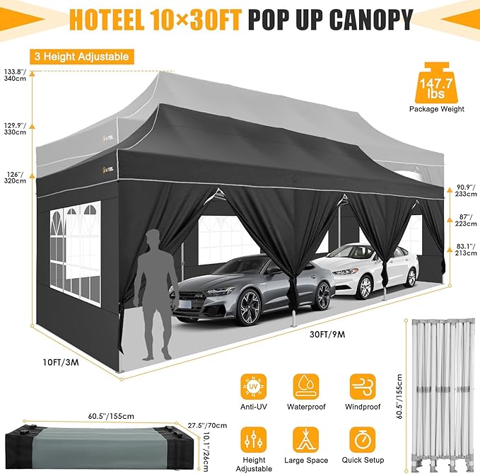 HOTEEL Tents for Parties 10x30 Pop Up Canopy Tent Heavy Duty with 8 Sidewalls, Commercial Party Tent Event Wedding Instant Canopy Waterproof with Carry Bag, UV 50+, Thicked Hexagonal Legs, Black