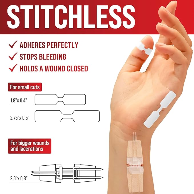 Emergency Wound Closure Strips - 11pk - 2 Types Easy to Use Butterfly Bandages - Stitchless & Painless Laceration Closure Kit