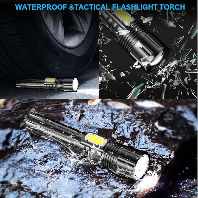 Rechargeable LED FLashlights 8000 High Lumens, Super Bright LED Tactical Flashlight with Power Display, Zoomable, with COB Light, Waterproof,Powerful Handheld Flashlight for Camping,Hiking 2 Pack