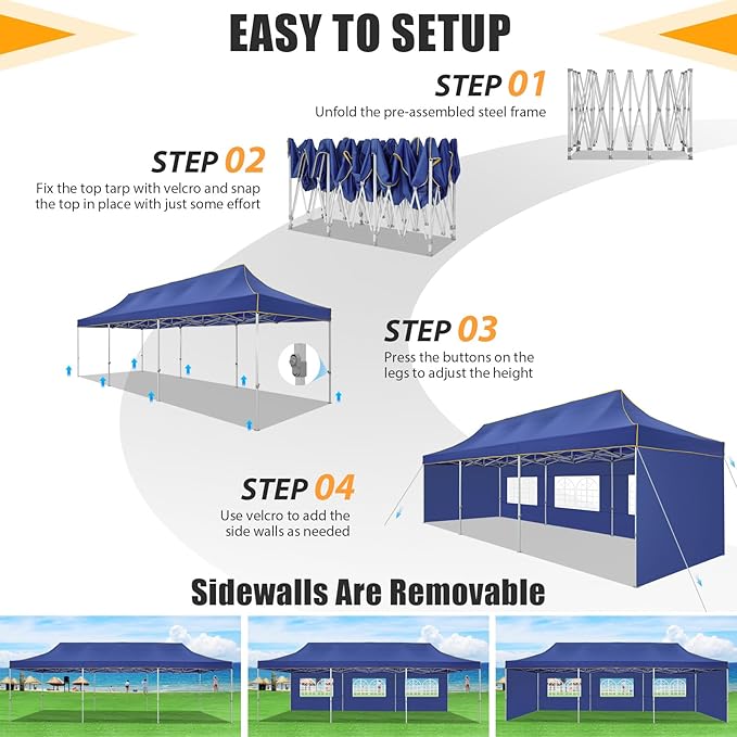 HOTEEL Tents for Parties 10x30 Heavy Duty Pop Up Canopy Tent with 5 Sidewalls&Wheeled Bag, Commercial Event Party Tent Wedding Instant Canopy Waterproof, UV 50+, Upgrade Thick Hexagonal Leg, Deep Blue