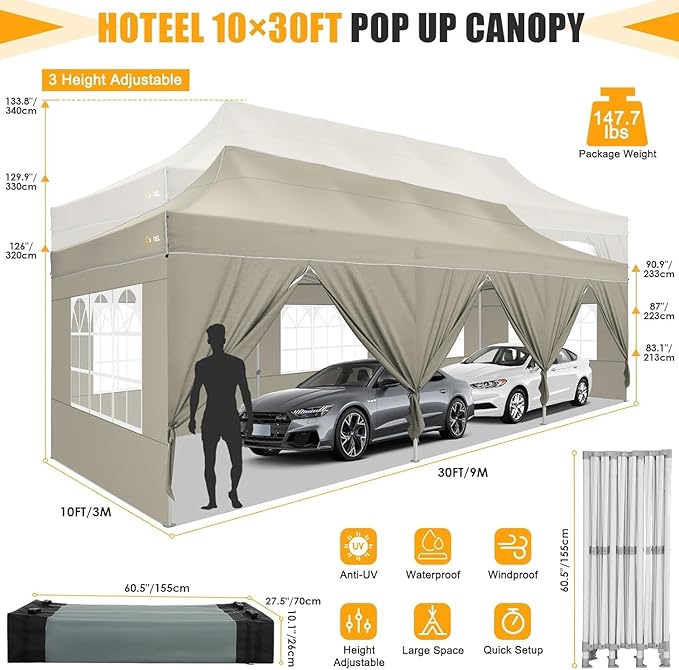 HOTEEL Tents for Parties 10x30 Pop Up Canopy Tent Heavy Duty with 8 Sidewalls, Commercial Party Tent Event Wedding Instant Canopy Waterproof with Carry Bag, UV 50+, Thicked Hexagonal Legs, Khaki