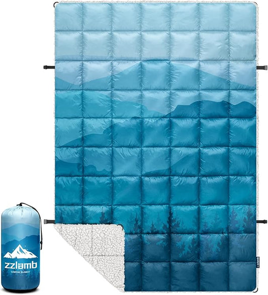 zzlamb Sherpa Puffy Camping Blanket,Packable Outdoor Warm Wearable Fleece Blankets for Cold Weather,Thick Camp Quilt with Sherpa Lining for Sleeping,Traveling,Backpacking,Picnics,Beach,Stadium 52x75in