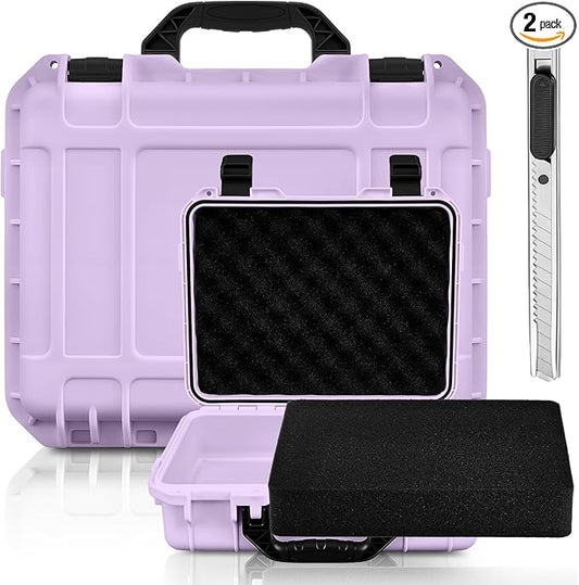 16.3 x 12.4 x 6.5 Inch Waterproof Hard Case with DIY Customizable Foam Insert Portable Protective Case with Knife for Camera Drones Equipments Tools Test Instruments (Purple)