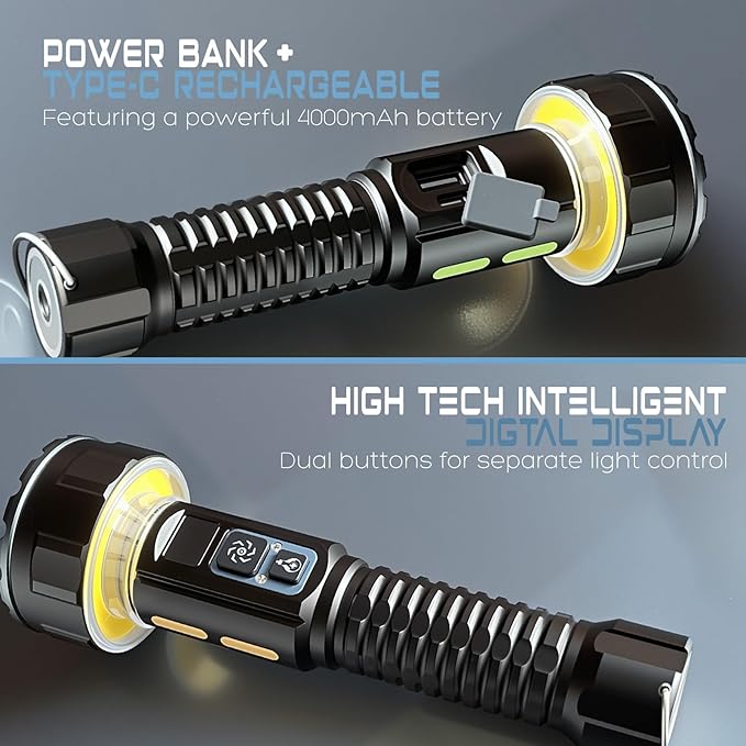 Rechargeable Flashlights High Lumens, 3500LM Bright Tactical Flashlight, 4000mAh with LCD Display, 3 Modes COB Camping Lantern EDC Flashlight for Outdoor Emergency, Hiking, Home Use