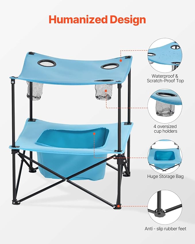 VEVOR Folding Camping Table, Portable Outdoor Lightweight Picnic Table, 600D Oxford Fabric Waterproof Canvas Travel Beach Tables, with 4 Cup Holders, Carry Bag, for Tailgating Camping Picnic, Blue