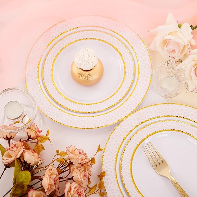 Ciaell 150PCS Pink Plastic Plates โ Disposable Pink and Gold Plates Set include 50Plates, 25Forks, 25Knives, 25Spoons, 25Cups for Wedding & Party