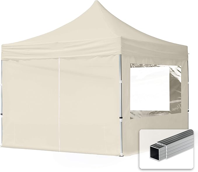10x10 ft PES 700 Pop up Canopy Tent Economy Aluminium 1.3 in., incl. 4 Sidewalls with Panorama Windows, Cream