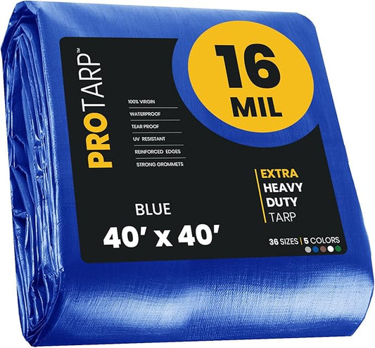 PROTARP Extra Heavy Duty 16 Mil Tarp Cover, Waterproof, UV Resistant, Rip and Tear Proof, Poly Tarpaulin with Reinforced Edges for Roof, Camping, Patio, Pool, Boat. (Blue 40′ X 40′)